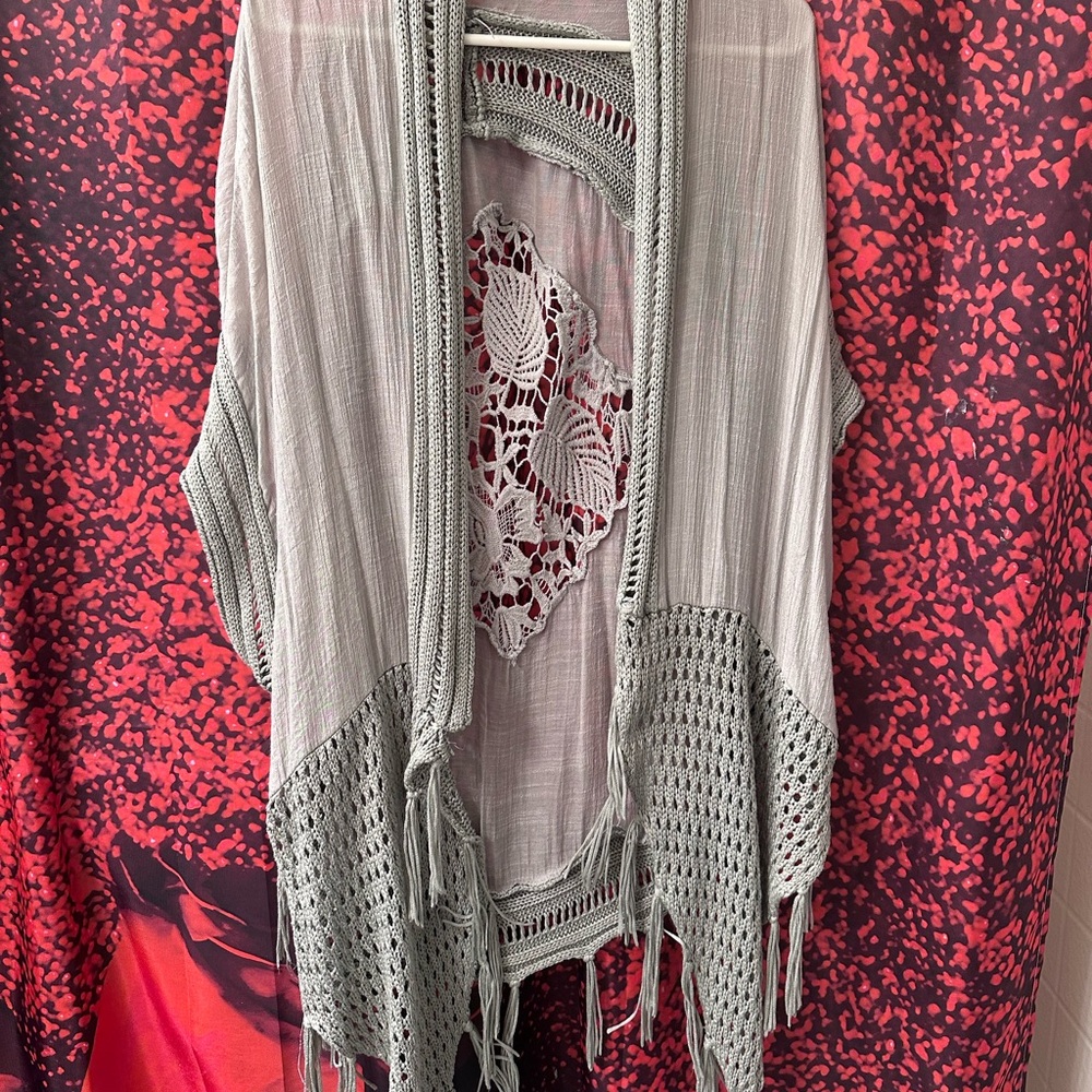 Gray Crochet Fringe Vest gently used